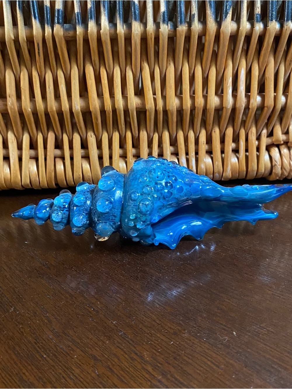 Hand Blown Glass Blue Conch Shell Sculpture Seashell Figure Ocean Beach Seaside